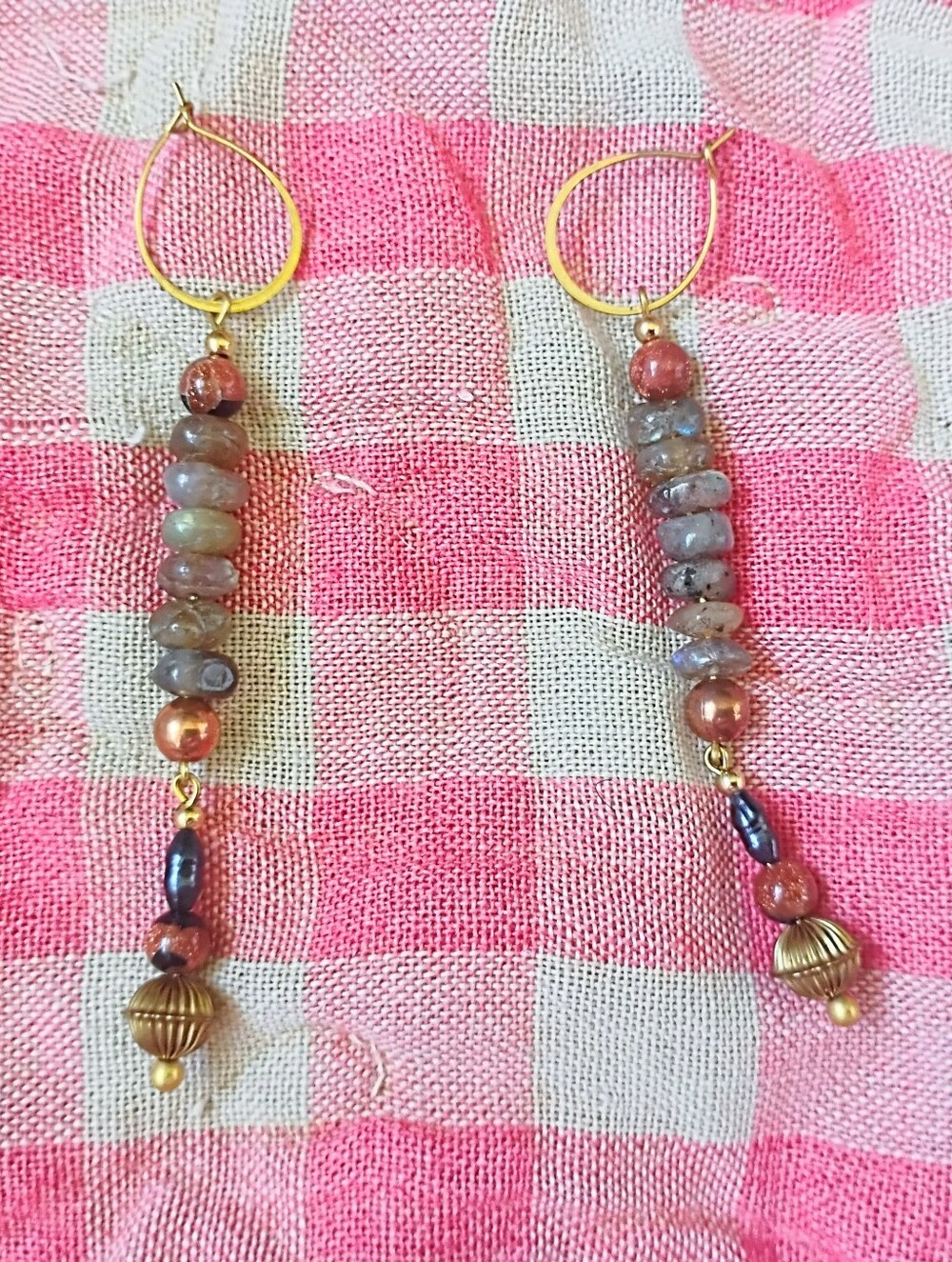 Long Stacked Labradorite, Goldstone, and Black Pearl Handmade Earrings